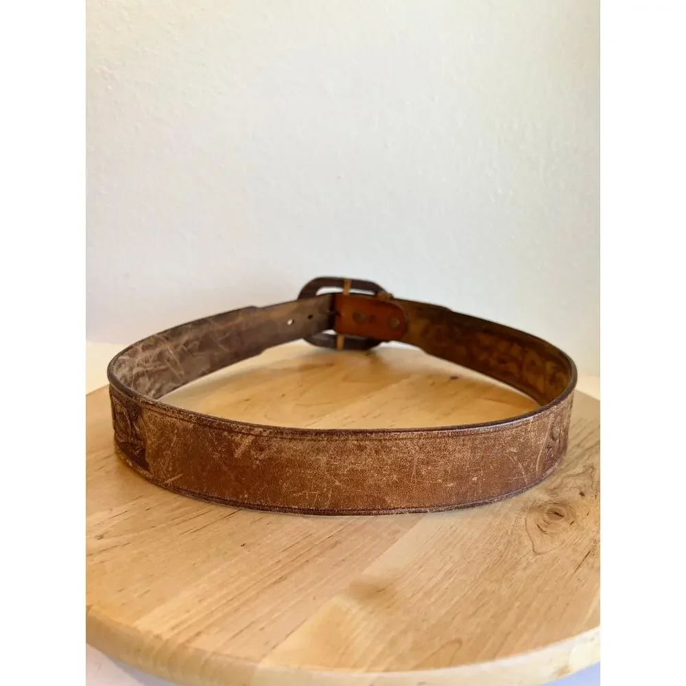 Vintage Brown Tooled Floral Western Wooden Carved Buckle Belt Size Medium